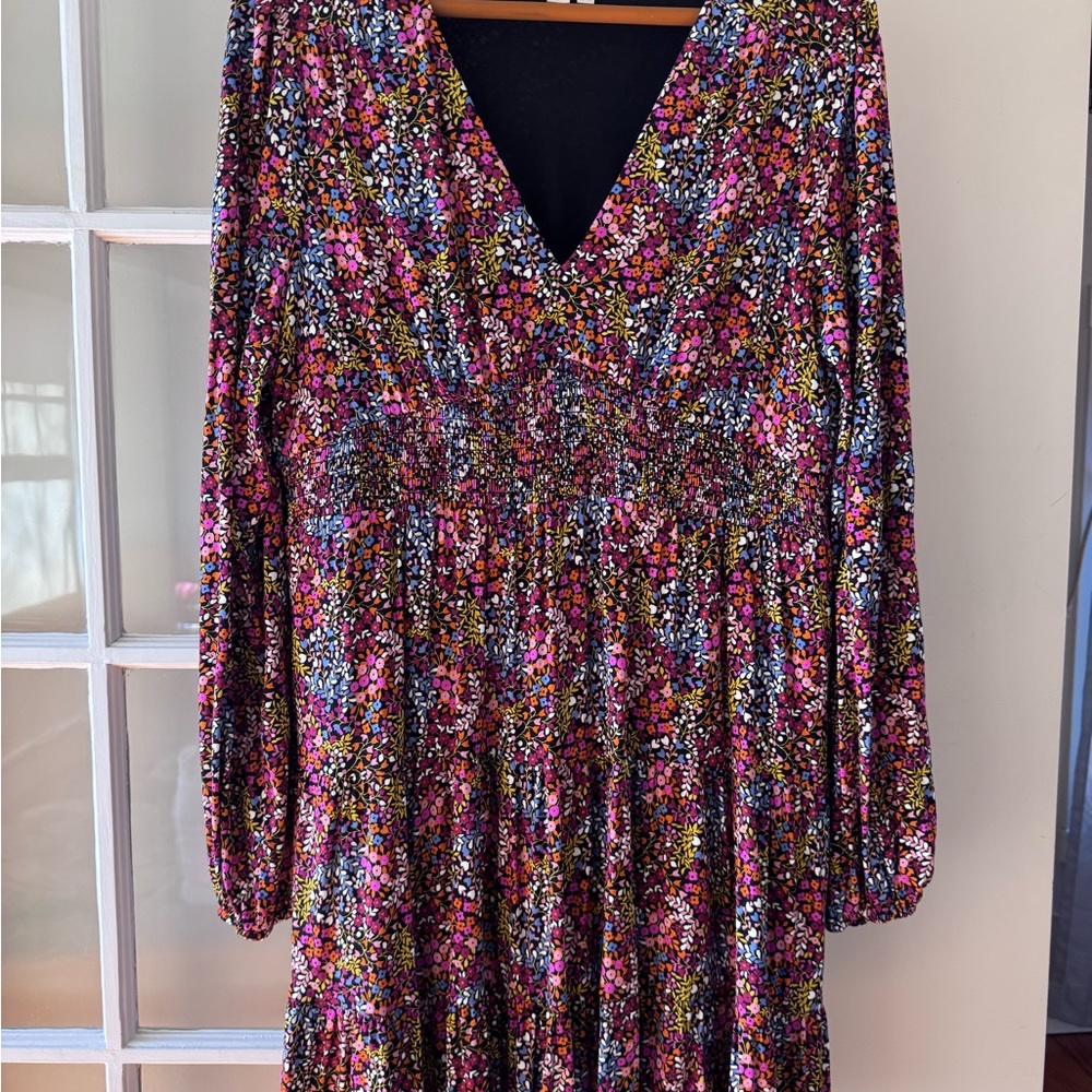 Boden Long-Sleeve Floral V-Neck Dress with Pockets